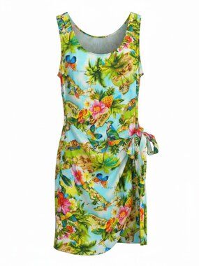 Tropical Holiday Party Caribbean Floral Dress Light Faux Wrap Skirt Size S/M